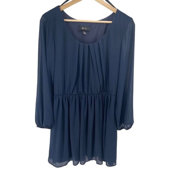 BCX Womens Long Sleeve Dress Pleated Mini Lined Chiffon Navy Blue Large - Picture 1 of 14